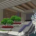 Modern Entrance Gate Design With Staircase Green Plants And Glass Facade