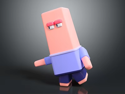 3D Cartoon Block Shaped Character Featuring Pink Head Blue Shirt And Red Eyes 3d model