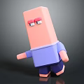 3D Cartoon Block Shaped Character Featuring Pink Head Blue Shirt And Red Eyes