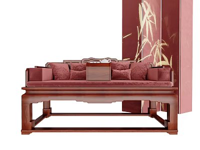 Traditional Chinese Wooden Daybed With Red Cushions And Bamboo Pattern Background 3d model