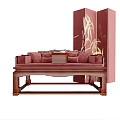 Traditional Chinese Wooden Daybed With Red Cushions And Bamboo Pattern Background