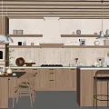 Warm Wooden Kitchen Interior With Cabinets Island Pendant Lights And Dining Table