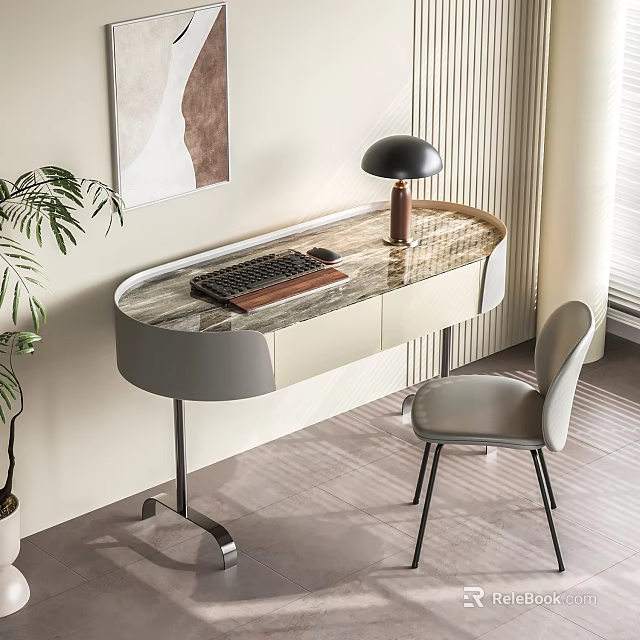 Modern Desk With Marble Top Keyboard Lamp Chair Plant Wall Painting And Window 3d model 