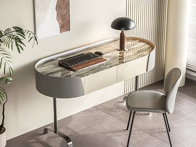 Modern Desk With Marble Top Keyboard Lamp Chair Plant Wall Painting And Window 3d model