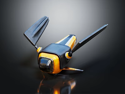 Yellow And Black Mini Drone With Extended Black Wings On Reflective Surface 3d model