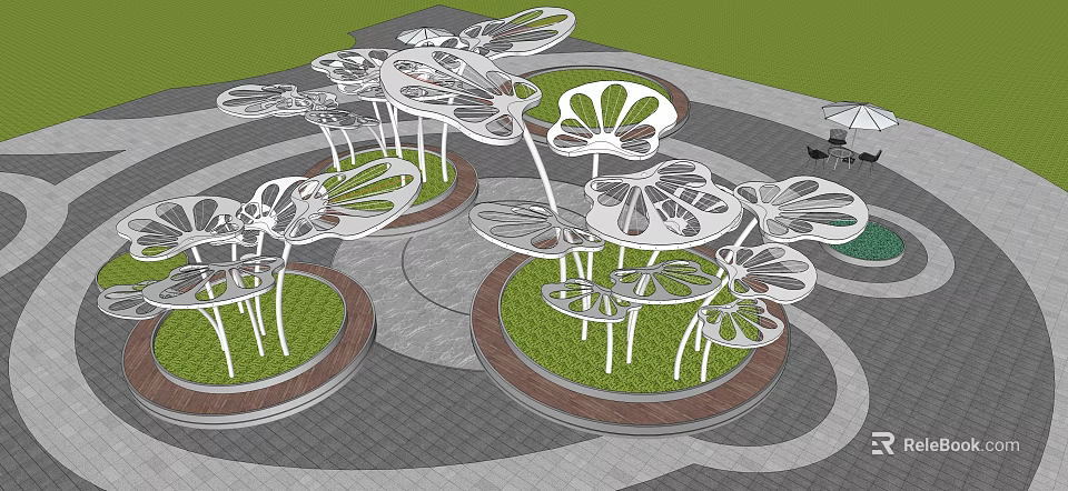 White Metal Flower Shaped Pergola Structures With Circular Bases And Green Lawns 3d model 
