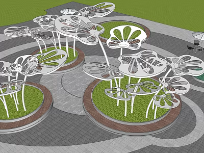 White Metal Flower Shaped Pergola Structures With Circular Bases And Green Lawns 3d model