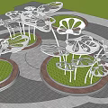 White Metal Flower Shaped Pergola Structures With Circular Bases And Green Lawns