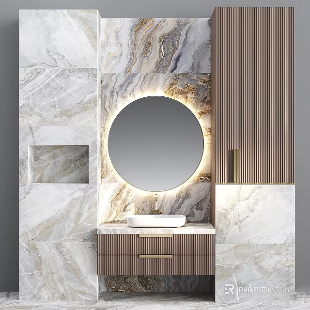 Bathroom Vanity with Round Backlit Mirror and Marble Wall Brown Cabinets Gold Handles 3d model 