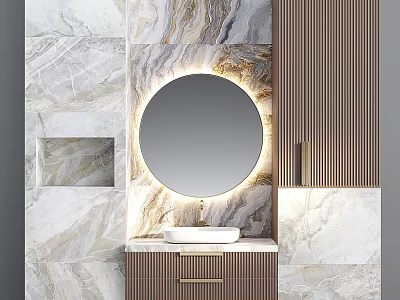 Bathroom Vanity with Round Backlit Mirror and Marble Wall Brown Cabinets Gold Handles 3d model