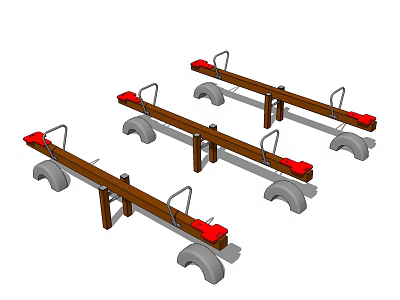 Three Wooden Seesaws With Red Seats And Gray Bases For Playground Use 3d model