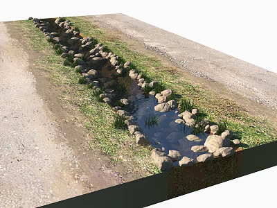 Waterfront Landscape Design Featuring Natural Stream Stones Green Grass and Paved Path 3d model