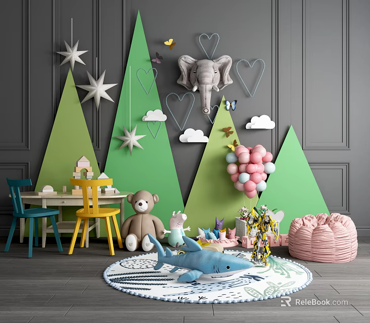Fun Kids Table With Colorful Chairs Stuffed Toys Green Decorations And Balloons In Playroom 3d model 
