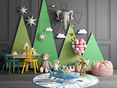 Fun Kids Table With Colorful Chairs Stuffed Toys Green Decorations And Balloons In Playroom 3d model