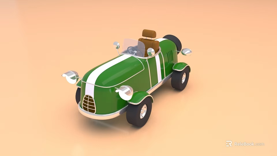 Vintage Style Green Toy Car With White Stripes Brown Seats And Black Wheels 3d model 