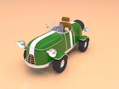 Vintage Style Green Toy Car With White Stripes Brown Seats And Black Wheels 3d model