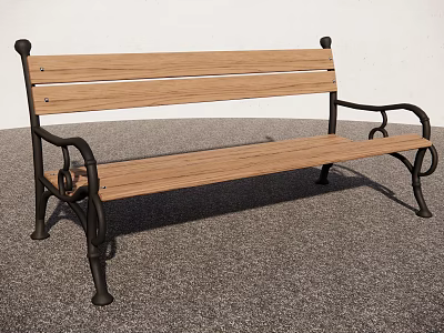 Outdoor Public Bench With Wooden Seat Backrest And Curved Metal Armrests On Gray Pavement 3d model