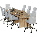 Modern Wooden Conference Table With Gray Rolling Chairs Laptops And Meeting Equipment