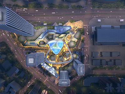 Modern Commercial Complex Architectural Design With Open Plazas Landscaping And Illuminated Features 3d model