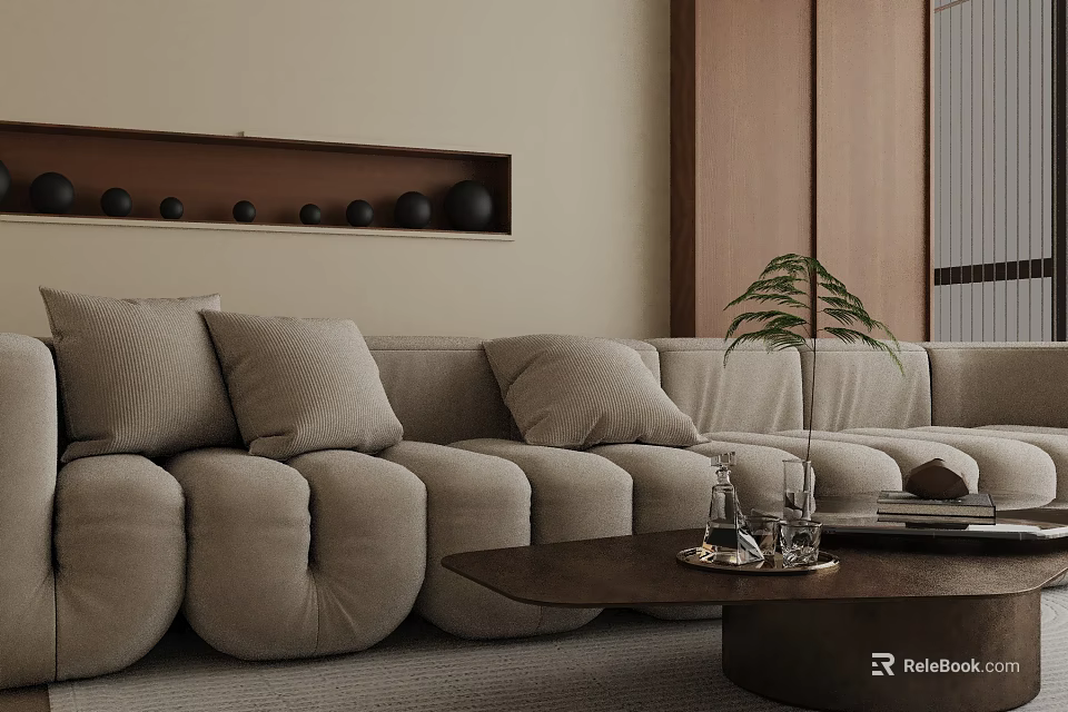 Beige Three Seater Sofa With Plush Cushions Wooden Coffee Table And Green Plant Decor 3d model 