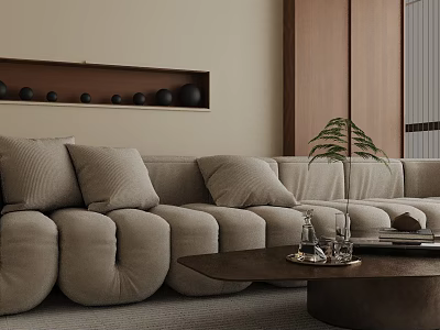 Beige Three Seater Sofa With Plush Cushions Wooden Coffee Table And Green Plant Decor 3d model