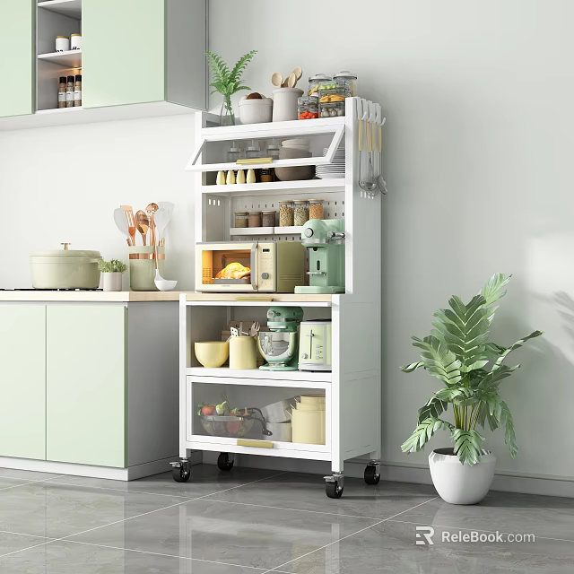 Modern Movable Kitchen Sideboard With Multi Shelves And Kitchen Supplies In Bright Interior 3d model