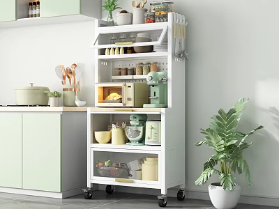 Modern Movable Kitchen Sideboard With Multi Shelves And Kitchen Supplies In Bright Interior 3d model