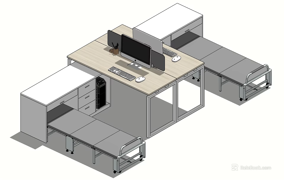 Modern Work Desk With Computer Monitor Keyboard Mouse And Storage Cabinets 3d model 