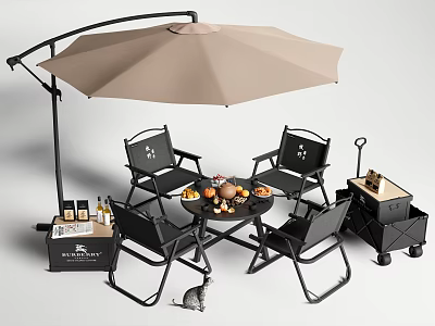 Outdoor Table and Chair Set with Black Chairs Round Table Umbrella and Storage Cart 3d model
