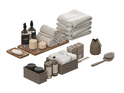 Essential Daily Cleaning Products Including Towels Bottles Candles Brush And Storage Boxes 3d model
