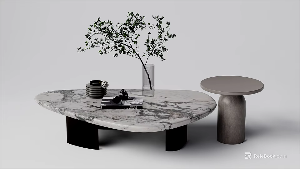 Marble Coffee Table With Glass Vase Green Branches Stacked Plates And Gray Round Side Table 3d model 