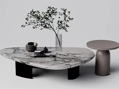Marble Coffee Table With Glass Vase Green Branches Stacked Plates And Gray Round Side Table 3d model