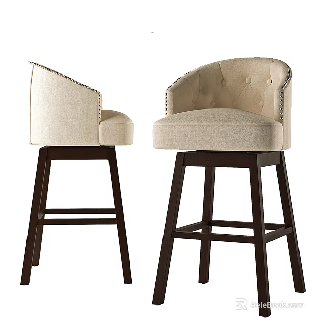 Modern Beige Fabric Bar Stools With Arched Tufted Backrest And Dark Wooden Legs 3d model 