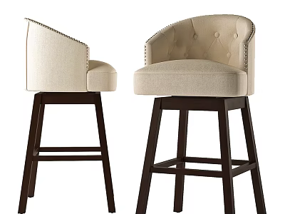 Modern Beige Fabric Bar Stools With Arched Tufted Backrest And Dark Wooden Legs 3d model