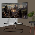 TV Screen Showing Stunning Mountain Sunset Scenery With Ancient Castle And Decor Plants