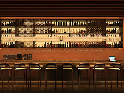 Stylish Bar Interior Featuring Wine Racks Bottles Glasses And High Stools 3d model