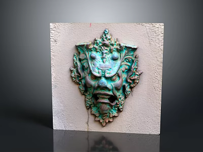 Ancient Ornate Bronze Mythical Creature Mask With Green Patina On Stone Background 3d model