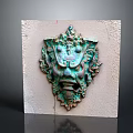 Ancient Ornate Bronze Mythical Creature Mask With Green Patina On Stone Background