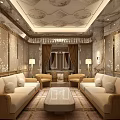 Elegant Hotel Public Lounge Area With Beige Sofas Chandelier Central Carpet And Decorative Walls