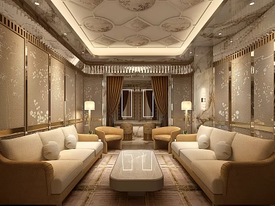 Elegant Hotel Public Lounge Area With Beige Sofas Chandelier Central Carpet And Decorative Walls 3d model
