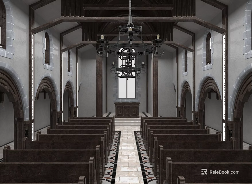 Traditional Church Interior With Wooden Pews Arched Doors And Altar 3d model 