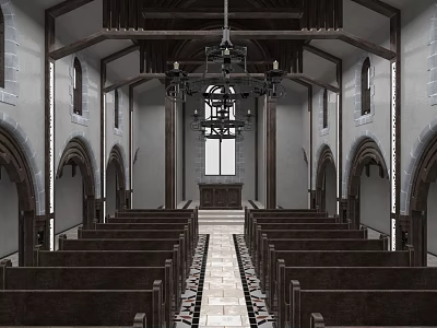 Traditional Church Interior With Wooden Pews Arched Doors And Altar 3d model