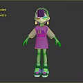3D Game Character With Blue Black Hair Purple Eyes Gray LA Dress And Colorful Sneakers