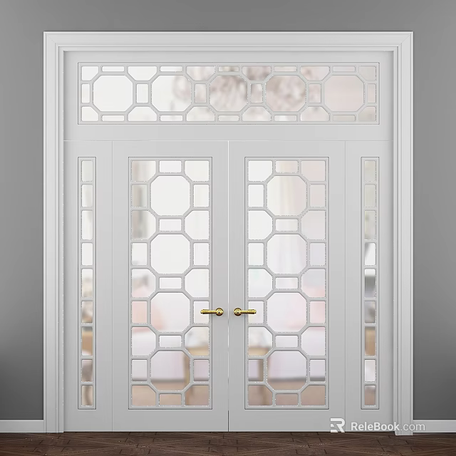 Elegant Modern Hinged Door With Geometric Glass Panels And Gold Handles 3d model 