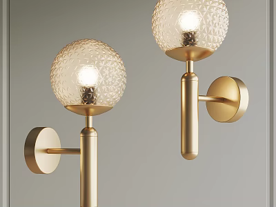 Golden Wall Lamps with Spherical Transparent Textured Shades Illuminated on Wall 3d model