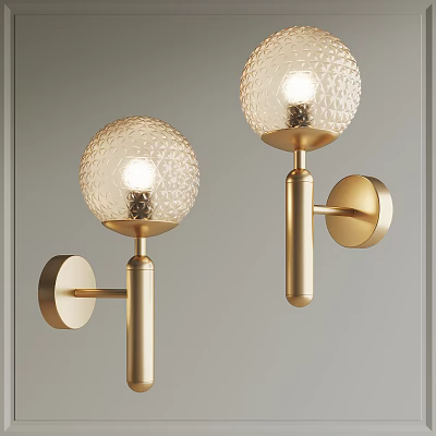 Golden Wall Lamps with Spherical Transparent Textured Shades Illuminated on Wall 3d model