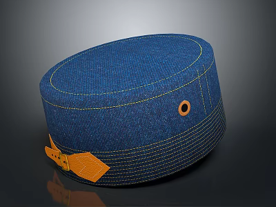 Stylish Blue Denim Hat With Yellow Stitching Orange Leather Strap And Round Eyelet 3d model