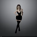 Stylish Female In Black Dress With Hooded Hat Thigh High Socks And Beige Handbag