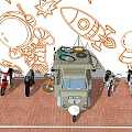 Vintage Motorcycles and Tricycle Display with Cartoon Astronaut Rocket Stars Wall