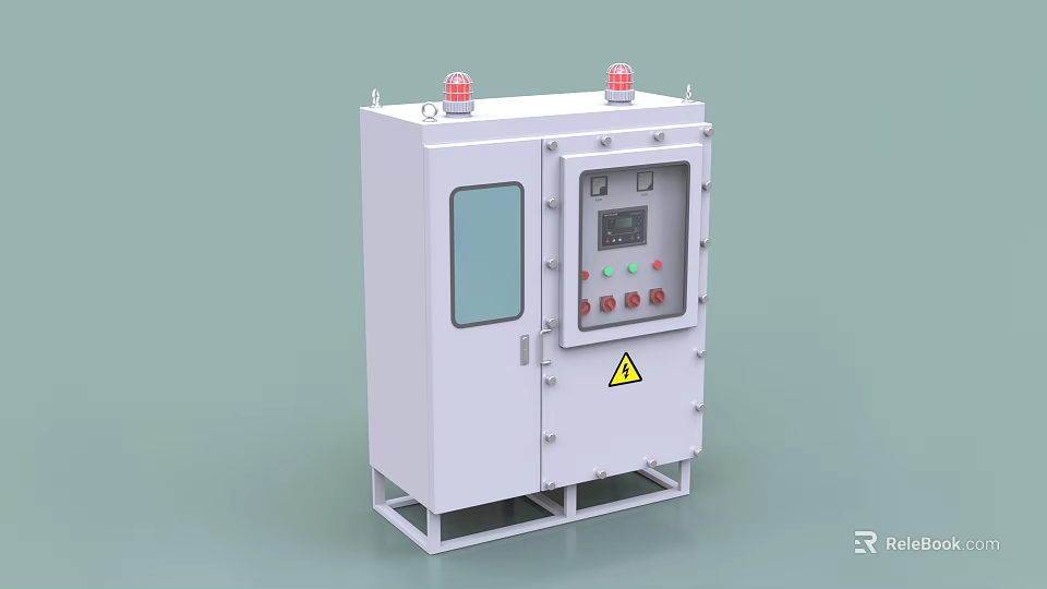 Industrial Control Cabinet With Red Warning Lights Control Panel Display Screen And Warning Sign 3d model 
